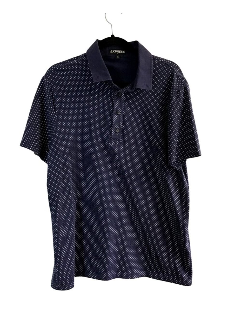 EXPRESS- MENS NAVY W/ WHITE DOTS SHORT SLEEVE POLO SHIRT SIZE LARGE